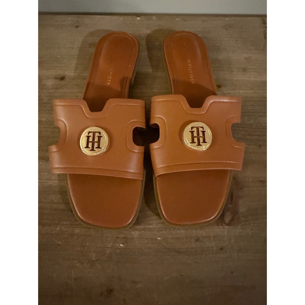 Tommy‎ Hilfiger Womens Tan Cognac Logo Medallion H-Cutout Slide Sandals Size 9M